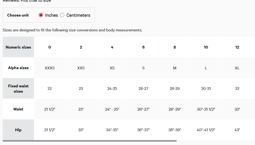 Size Guide lululemon pants