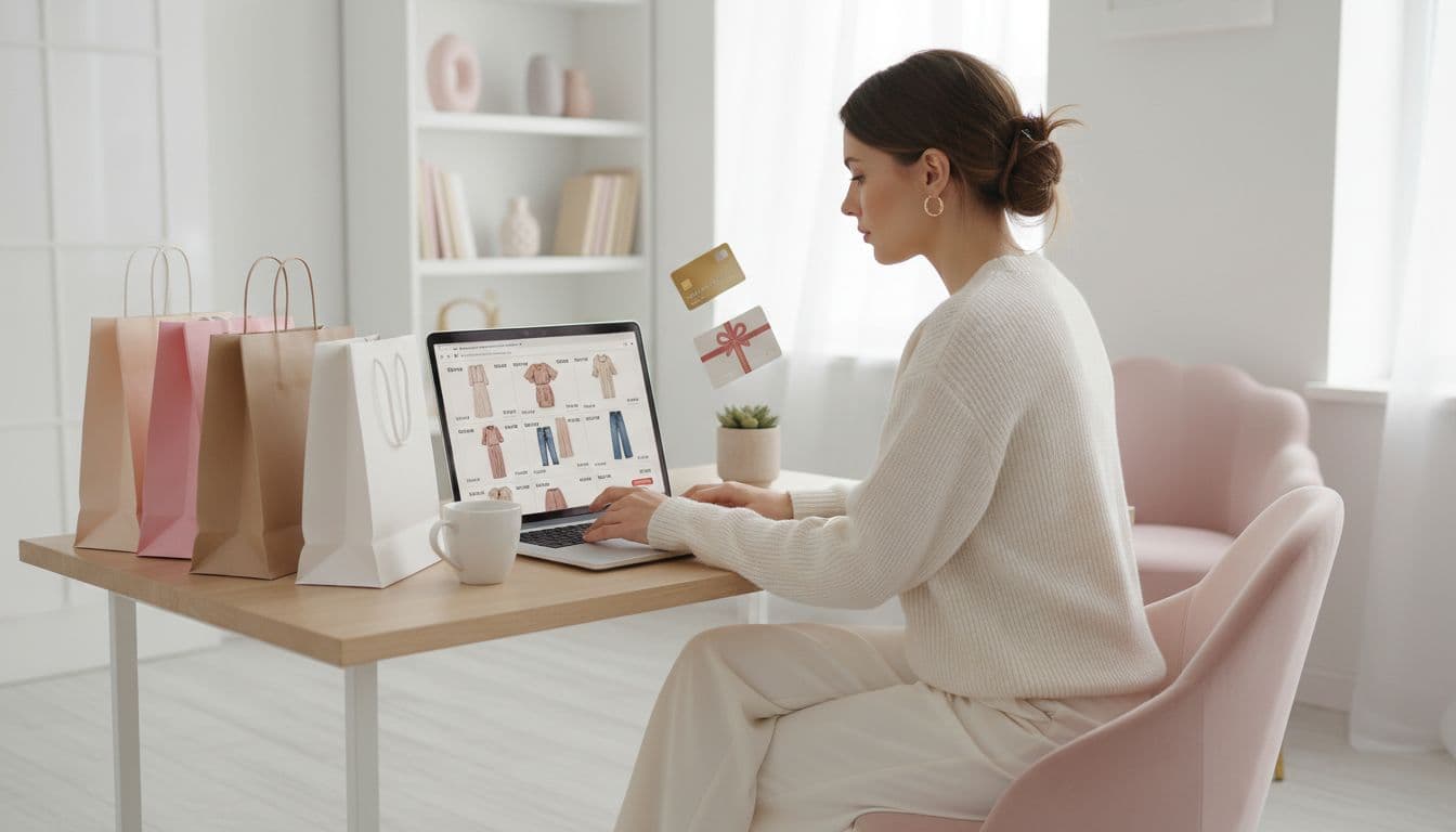 Woman shopping online for fashion using a Shein gift card and rewards on her laptop