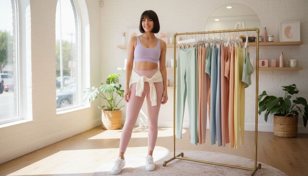 Woman shopping for leggings and Lululemon-style activewear in a bright store